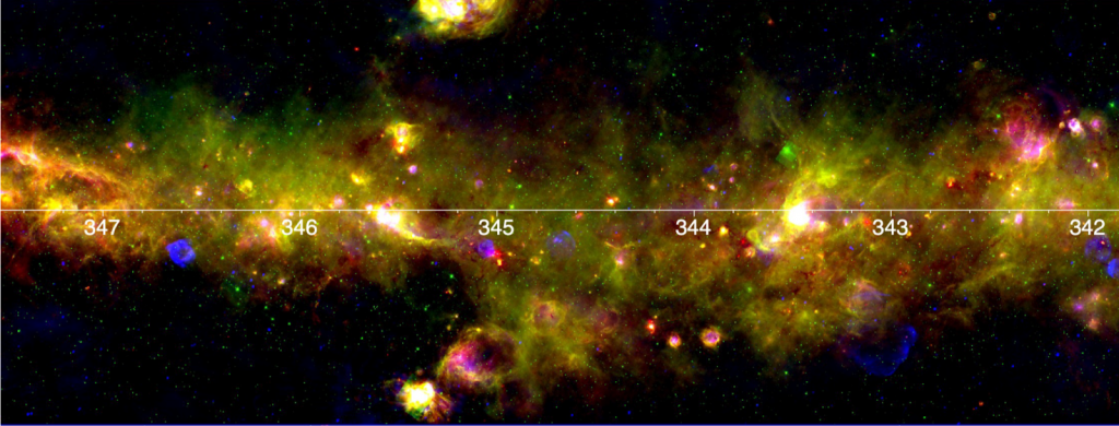 Immagine multibanda della Via Lattea nella regione Scorpio (Blu: 925MHz ASKAP; Verde e Rosso: 12 e 22 mic WISE). Credits: Umana et al. 2021